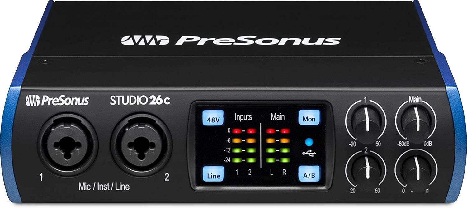 PreSonus Studio 26c 2x4 USB Type-C Audio/MIDI Interface with Studio One 5 Artist DAW Software with Audio-Technica AT2020 Vocal Microphone Arm Kit for