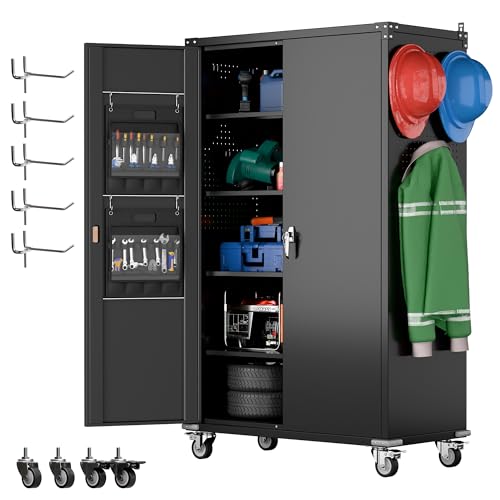 71" Metal Storage Cabinet with Wheels and Pegboard, Lockable Rolling Steel Storage Cabinet with 5 Adjustable Shelves and Door for Garage, Office