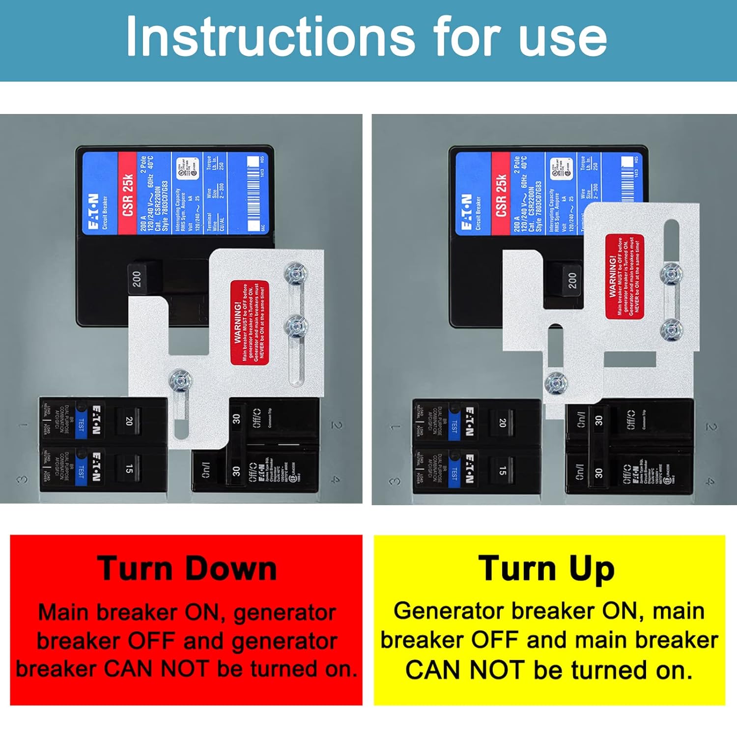 Generator Interlock Kit Compatible with Cutler Hammer BR Series 150 and 200 amp Panels, Generator Horizontal Electrical Interlock Kit