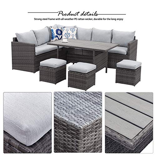 Wisteria Lane Outdoor Patio Furniture Set, 7 Piece Outdoor Dining Sectional Sofa with Dining Table and Chair