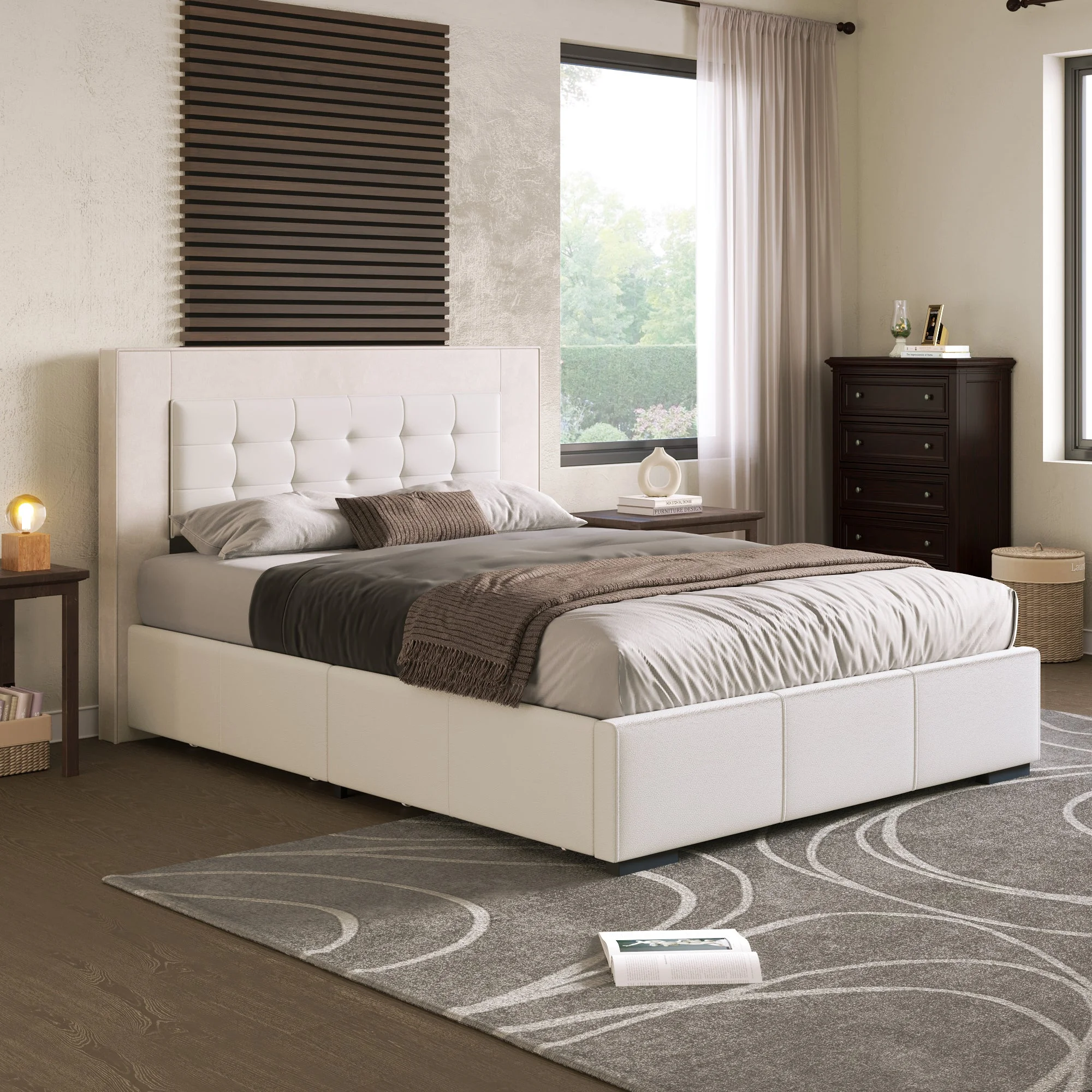 Acer Queen Platform Bed Frame with Four Drawers - Beige