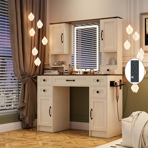 NUNU LAB 42 Inchs Large Vanity Desk with Mirror and Lights with 6 Drawers and 4 Cabinets, Big Women Makeup Table with Power Outlet