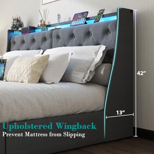 Queen Bed Frame with 2 Storage Drawers, Platform Bed Frame Queen Size with LED Light, Upholstered Headboard, Charging Station, Steel Slat Support