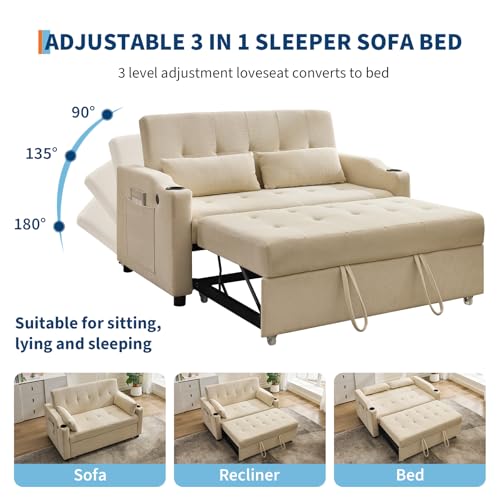 GarveeHome 3 in 1 Convertible Sleeper Sofa Bed, Corduroy Futon Couches with Pull-Out Bed, Adjustable Backrest, Charging Port & Side Pockets