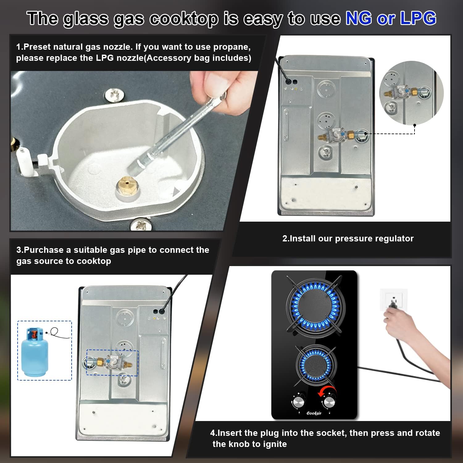 12 inch Gas Stove, 2 Burners Propane Cooktop Bulit-in, Indoor Gas Cooktop Suitable for Dual Fuel LPG/NG, Tempered Glass Gas Stove Top for Kitchen