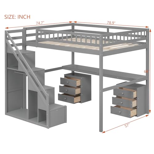Modern Full Size Gaming Loft Bed with Built-in Desk and Storage Wardrobe, Wood Loft Bed Frame with Light Strip and 2 Drawers