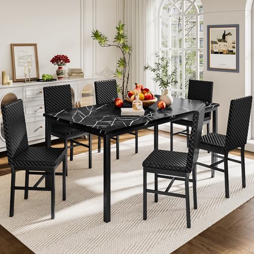 Recaceik Dining Table Set for 6, Faux Marble 7 Piece Dining Table Set with Chairs