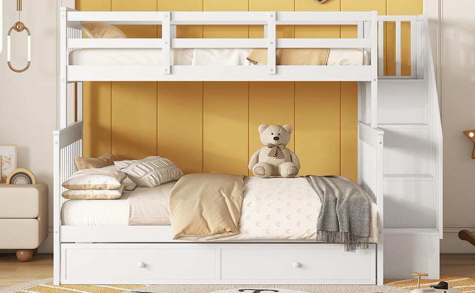 Ball & Cast Full Over Full Bunk Bed with Twin Size Trundle and Built in 4 Drawer,Wood Bunkbed w/Storage Ladder & Slat Support