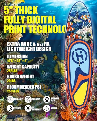 Highpi Inflatable Stand Up Paddle Board Premium SUP Accessories, Backpack, Wide Stance, Surf Control, Non-Slip Deck, Leash, Paddle and Pump