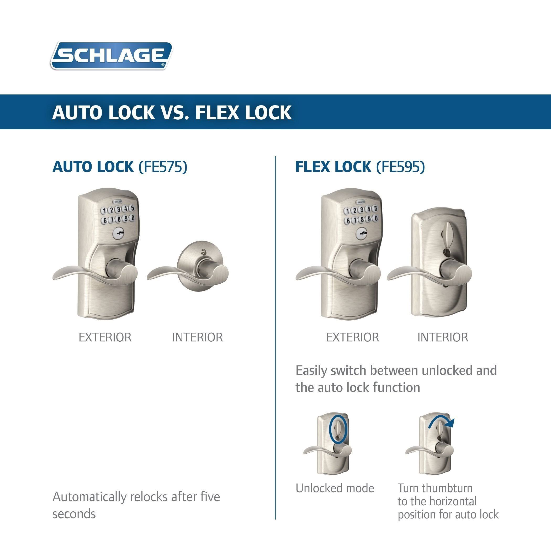 Schlage FE595 Cam 619 ACC Camelot Keypad Entry with Flex-Lock and Accent Levers, Satin Nickel