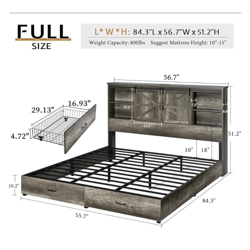 VanAcc Full Size Bed Frame, Wooden Platform Storage Bed with 51.2" Bookcase Headboard, 2 Drawers