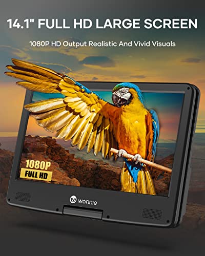 WONNIE 16.9" Portable Blu ray DVD Player with 14.1" 1080P HD Swivel Screen, 4-Hour Rechargeable Battery, Supports HDMI Output, Surround Audio