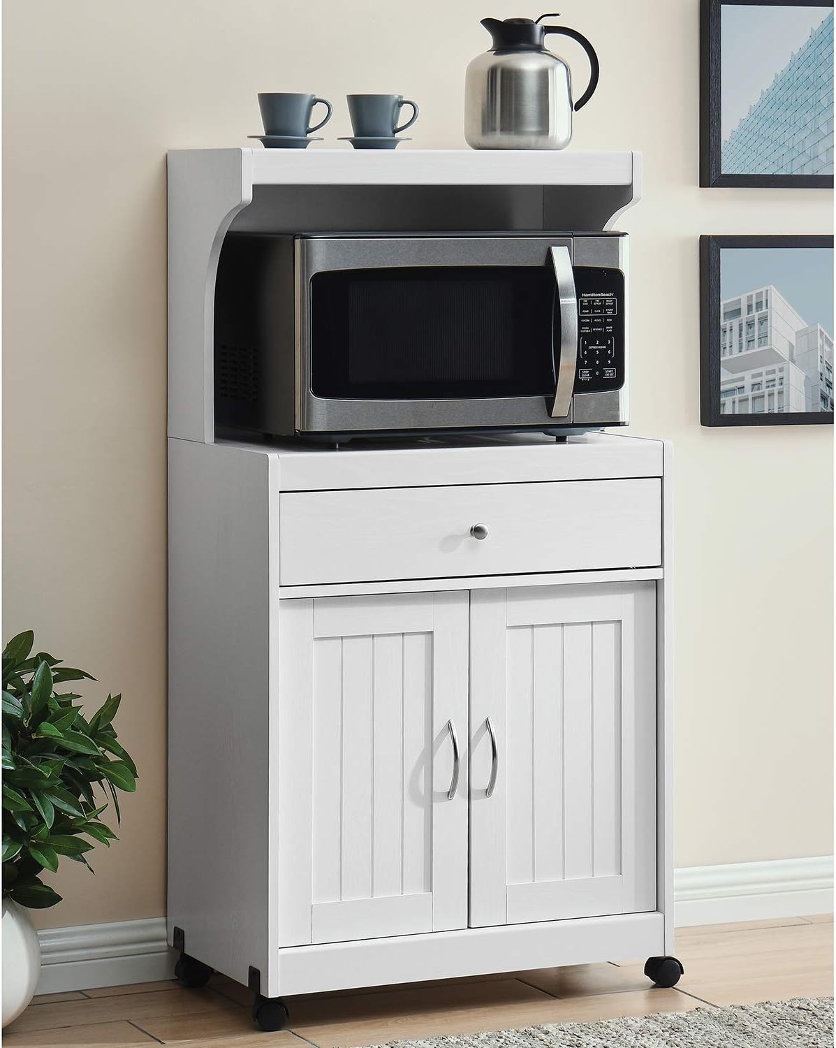 Home Source White Microwave Cart with Double Door Cabinet, 1 Drawer, and Top Shelf