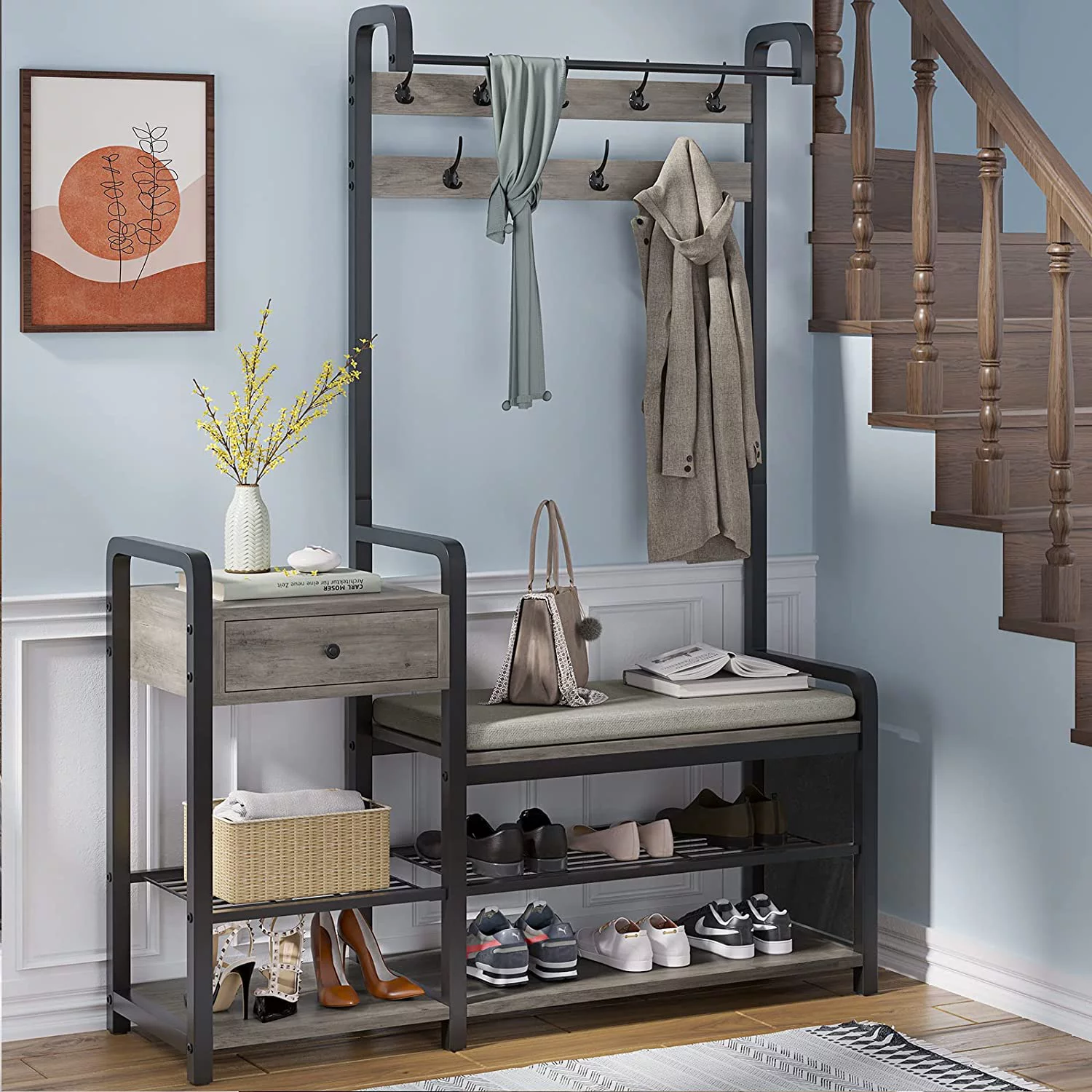 Hall Tree, Entryway Bench, Shoe Rack for Entryway, Coat Rack Furniture with Storage, Soft Cushion and Hanging Rod, Oak Grey