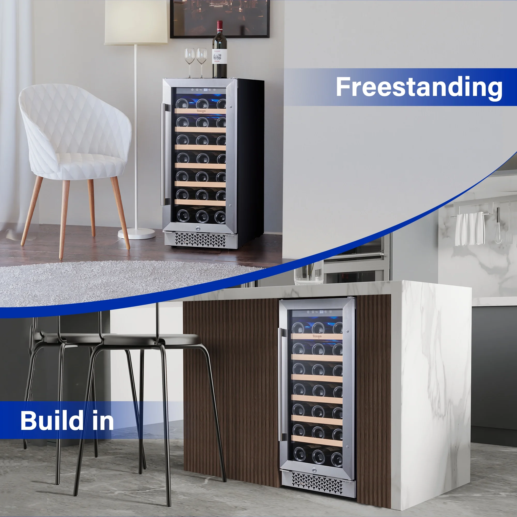 Yeego 15" Wine Refrigerator, 33 Bottle Wine Cooler with Double-Layer Glass Door, Temperature Memory and Digital Temperature Control