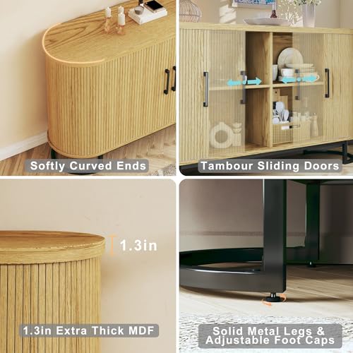 Sideboard Buffet Cabinet with Storage, 54.3" Fluted Tambour, Adjustable Shelves, Mid Century Modern Console for Living Room Kitchen Walnut