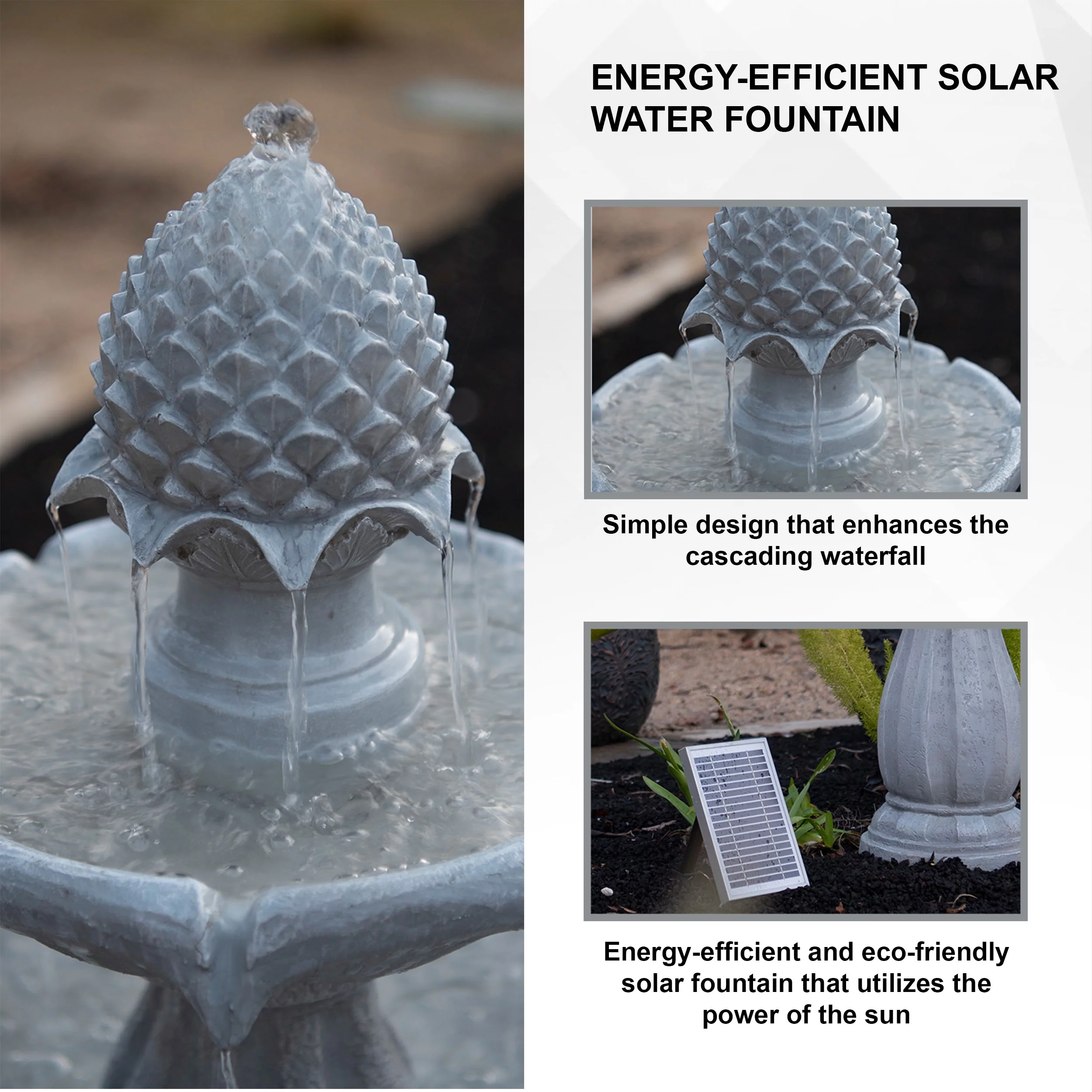 XBrand 44" H White Fiberglass/Resin 2-Tier Solar Water Fountain w/ Solar Panel and Auto-Shut Off Pump, Solar Garden Fountain, Tall Outdoor Fountain