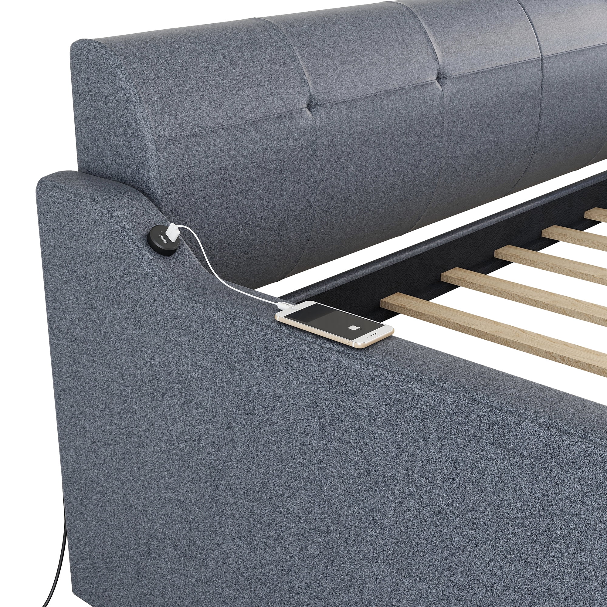 EUROCO Twin Size Upholstery DayBed with Convertible Trundle and USB Charging Station, Gray