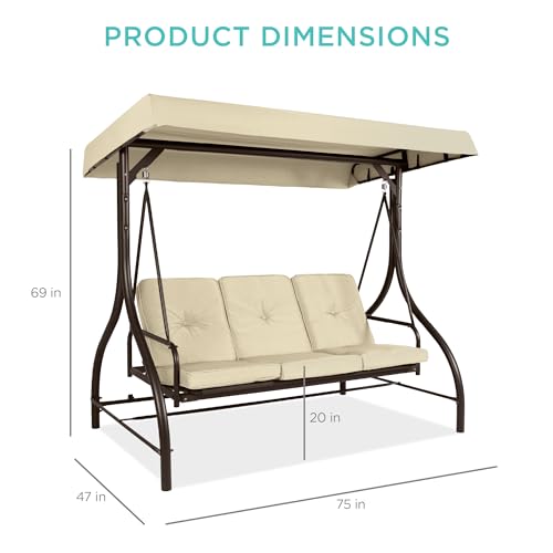 Best Choice Products 3-Seat Outdoor Large Converting Canopy Swing Glider, Patio Hammock Lounge Chair for Porch, Backyard w/Flatbed, Adjustable Shade