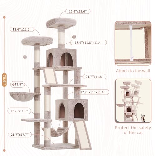 Cat Tree for Indoor Cats, 71'' (180cm) Multi-Level Cat Tower for Large Adult, Sturdy Cat Tree House with 2 Scratching Boards 7 Posts