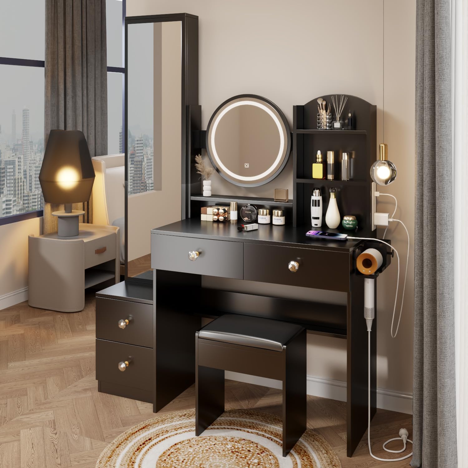 NicBex 43.3" Makeup Vanity Desk with Mirror and Full Body Mirror Cabinet, 3-Colors Vanity Mirror with 2 AC + 2 USB Socket