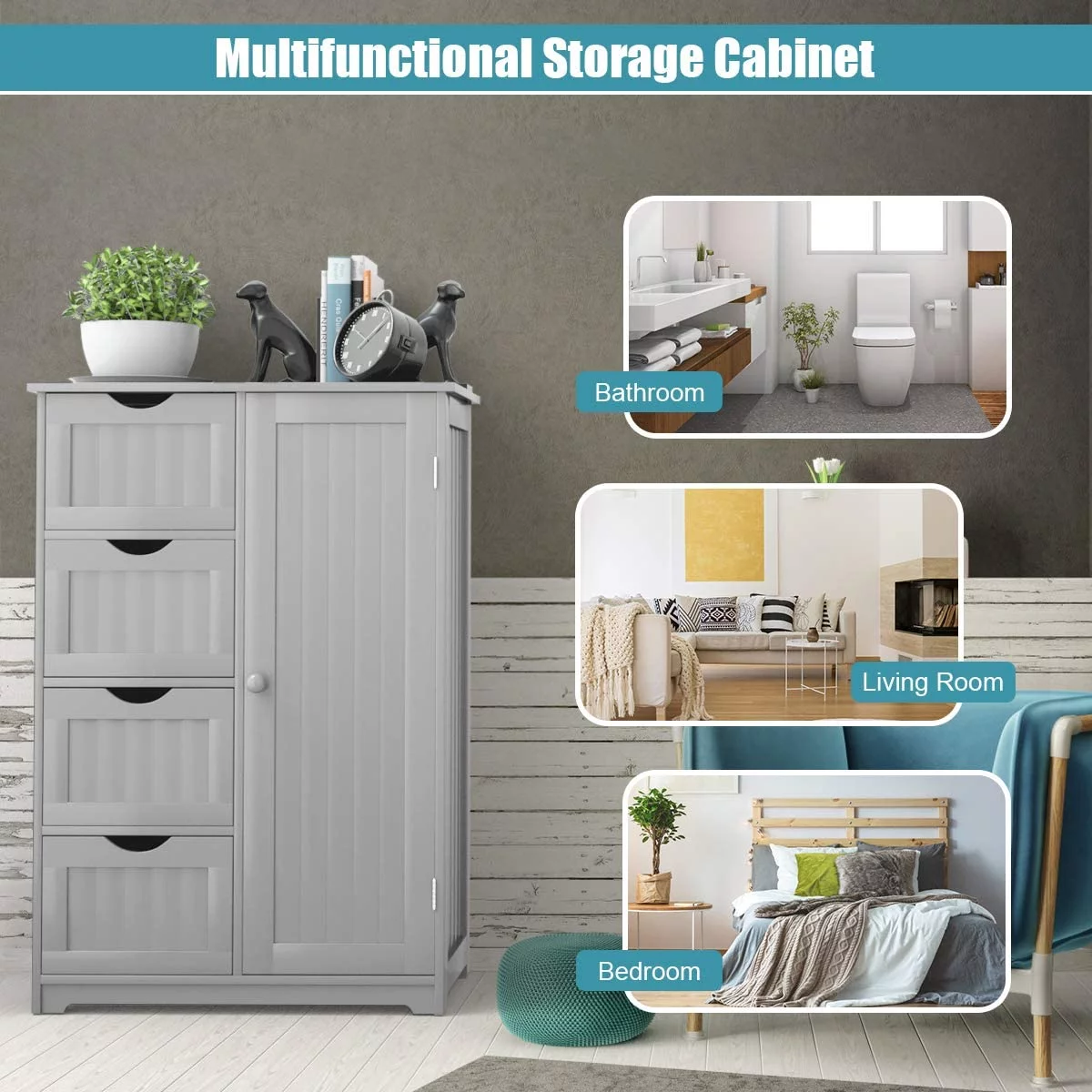 Bathroom Storage Cabinet Freestanding, Floor Cabinet with 4 Drawers & 1 Cupboard, 3-Level Adjustable Shelf & Anti-Toppling Device