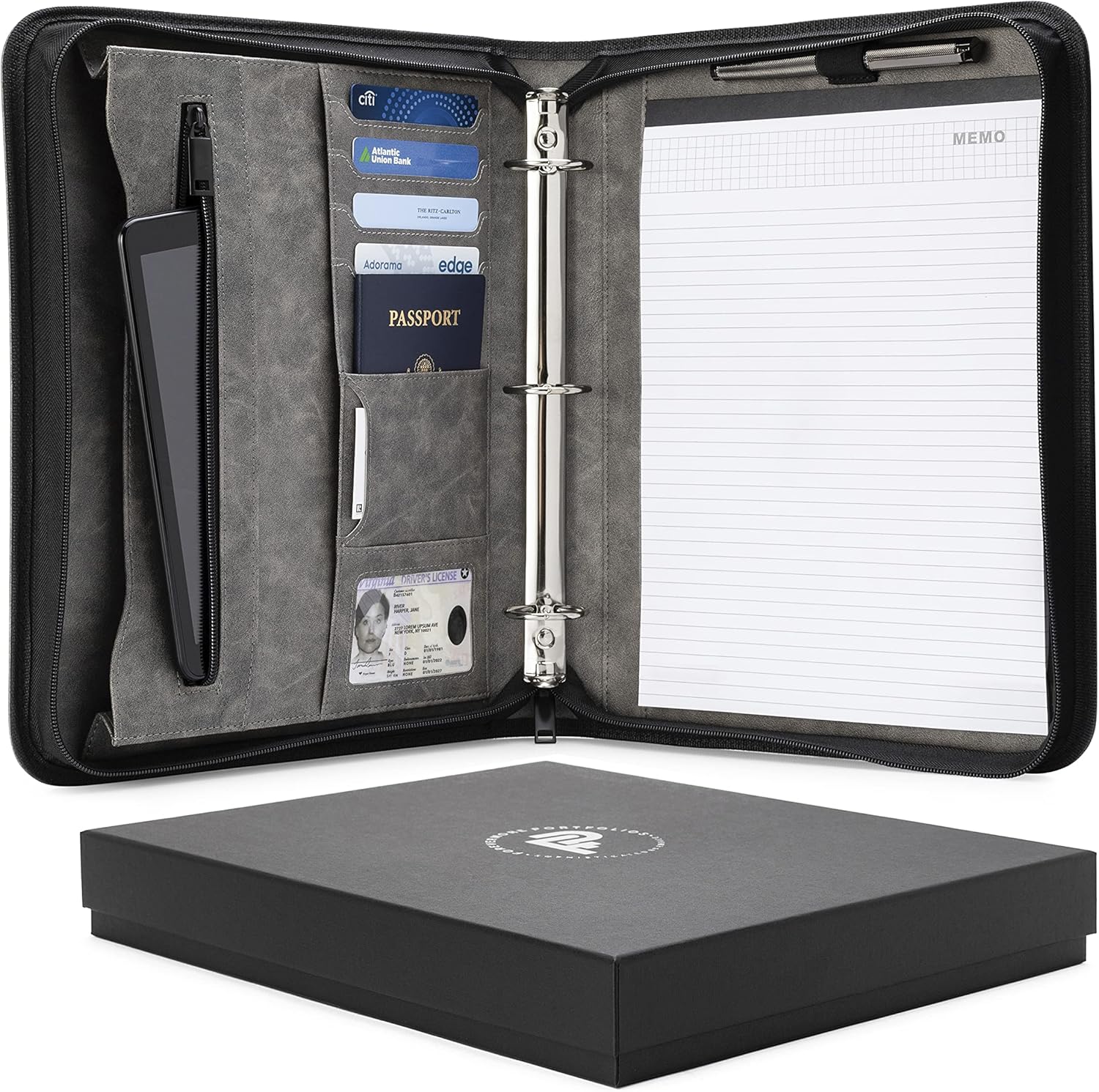 Forevermore Portfolios Portfolio Organizer - 1.5" Ring Binder with Notepad - Zippered Storage Pouch for Papers, Travel Documents