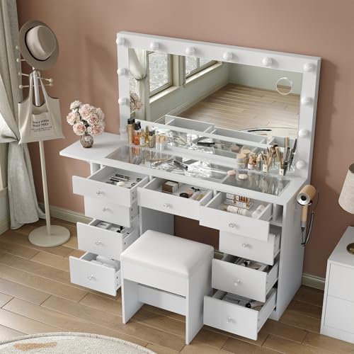 55" W Vanity Desk, Makeup Vanity with Charging Station, 15 Drawers with Lighted Mirror, 3 Lighting Modes, Brightness Adjustable, Glass Top