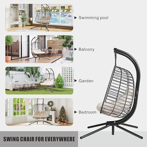 HWB Hanging Egg Chair with Stand, Patio Wicker Hammock Egg Swing Chair with Cushion for Bedroom Garden Indoor Outdoor (Beige)