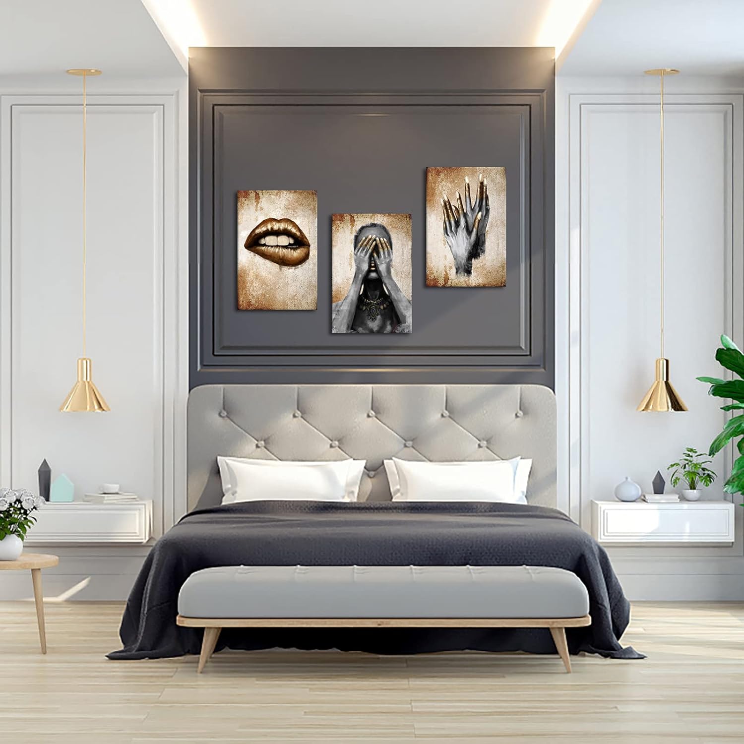 LevvArts 3 Piece African American Wall Art Fashion Black Woman with Golden Lip Nail Painting Poster Canvas Print for Home Beauty Room Bedroom Salon