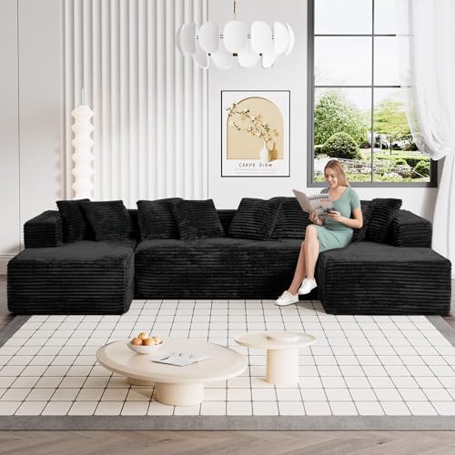 131" Modular Sectional Sofa Cloud Couch, Corduroy Memory Foam Black Sectional Couches for Living Room, Modern Deep Seat Boneless Sofa