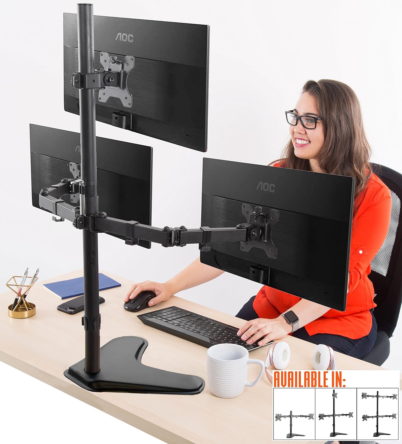Stand Steady Freestanding 3 Monitor Mount Desk Stand | Height Adjustable Triple Monitor Stand with Full Articulation VESA Mounts | Fits Most LCD/LED