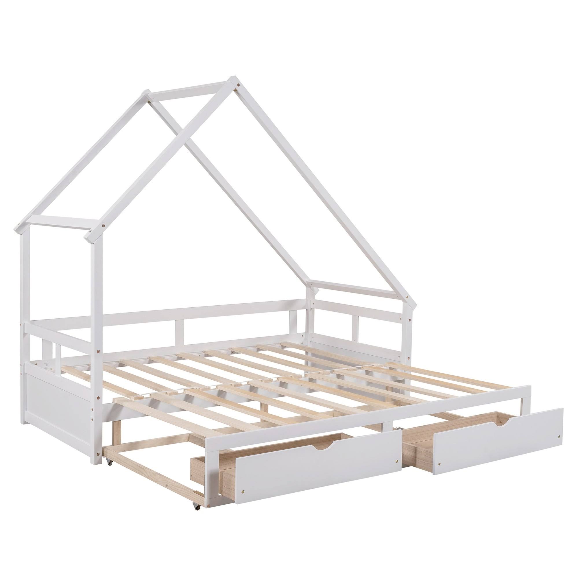 Twin-King Wooden House Extending Daybed with Two Drawers, Pine, White - Espresso