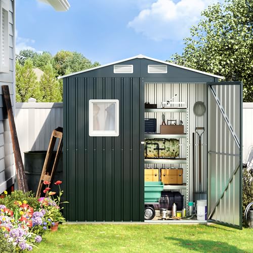 6x4FT Outdoor Steel Storage Shed with Clear Window, Lockable Doors, Weather-Resistant Metal Tool Shed for Garden, Backyard, Patio, and Utility Storage