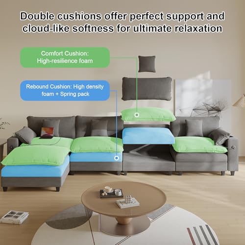 Modular Sectional Sofa, Cloud Couch with Ottoman, Charging Station, Throw Pillows, Cup Holders, Modern Convertible U Shaped Couches for Living Room