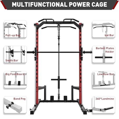 OPPSDECOR Power Cage Power Rack with LAT Pull Down Pulley System& Cable Row, Weight Cage with More Training Attachments