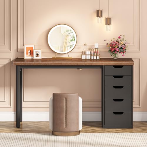 Tribesigns 47 inches Vanity Desk with 5 Drawers, Rustic Brown Makeup Vanity Table Dressing Table with Storage, Modern Simple Computer Desk for Women