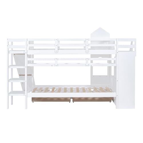 SOFTSEA Twin Over Twin Bunk Bed with Slide and Storage Solid Wood Bunk Bed Frame with Staircase and Drawers, Pink