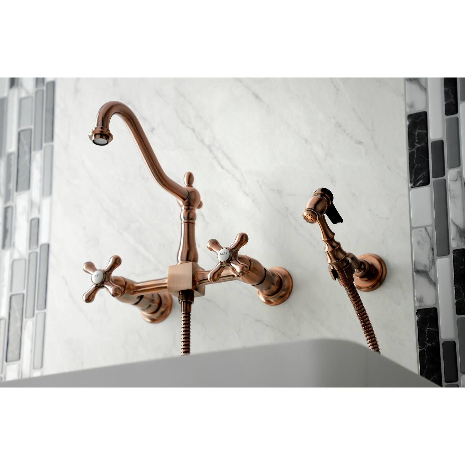 Heritage Two-Handle Wall Mount Bridge Kitchen Faucet with Brass Sprayer - Antique Copper