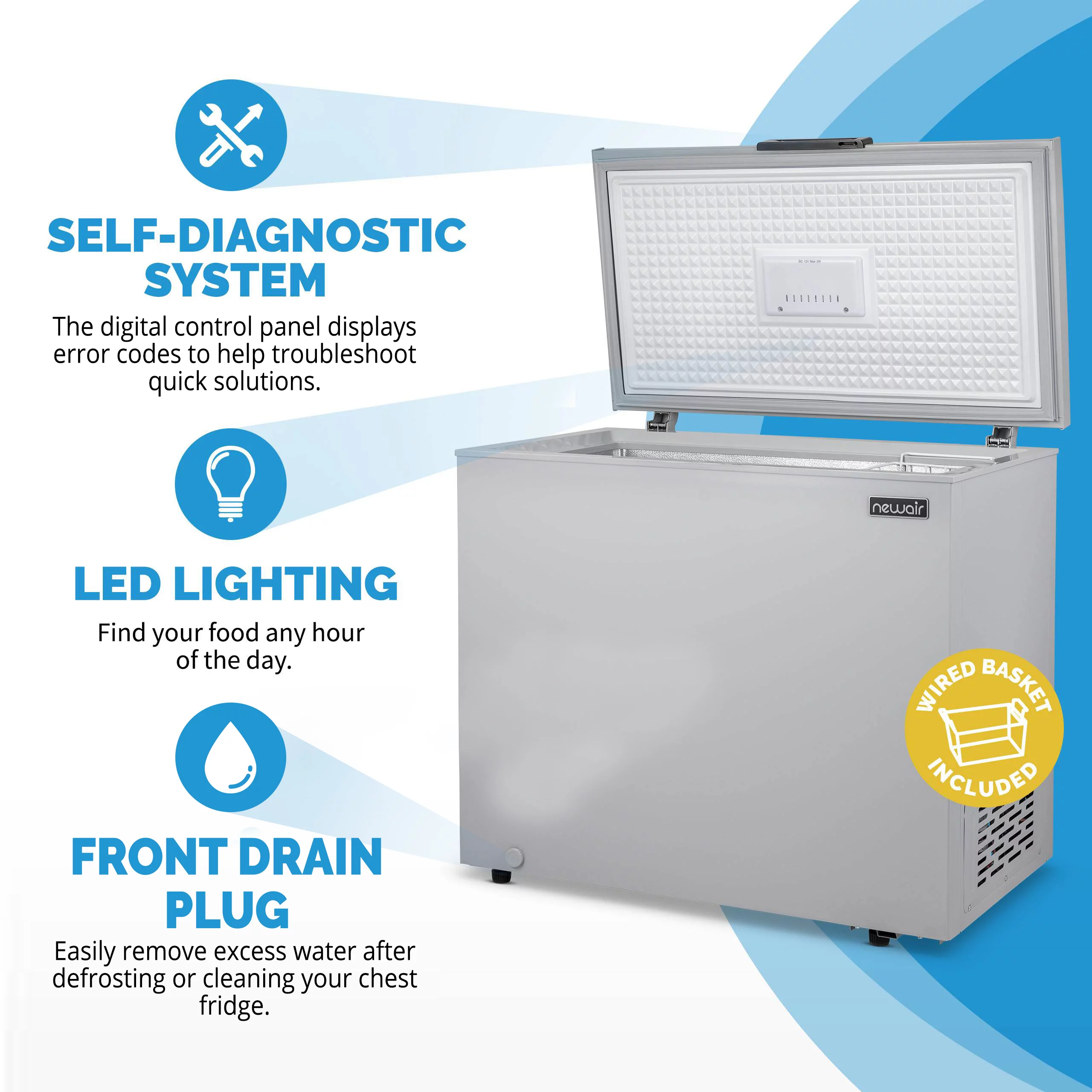 NewAir 6.7 Cu. Ft. Compact Chest Freezer in Cool Gray, Temperature Control, Fast Freeze Mode, Door Alarm, Wire Basket, Self-Diagnose Program