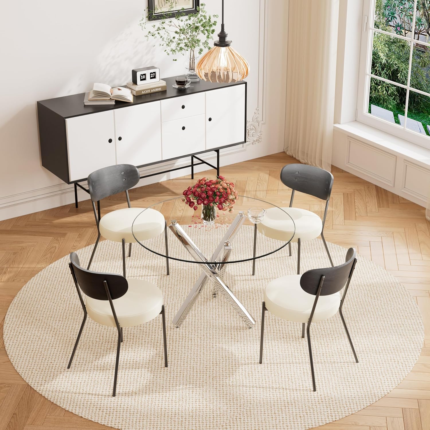 RGZ Round Glass Dining Table Set for 4, Mid Century Modern Circle Dining Room Table Set, 40'' Small Circular Glass Top Dining Set