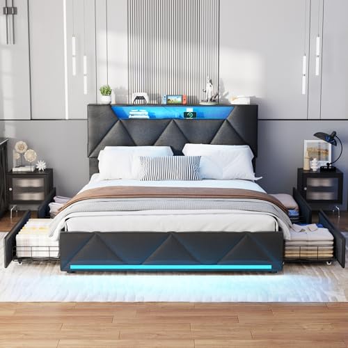 Vabches Queen Bed Frame with Storage Headboard and 4 Drawers,Upholstered Platform with Charging Station and Led Lights,Adjustable Headboard