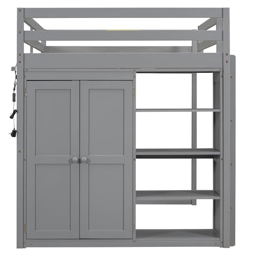 Harper & Bright Designs Full Size Loft Bed with Desk, Storage Shelves and Drawers, Solid Wood Loft Bed Frame with Built-in Wardrobe, Walnut