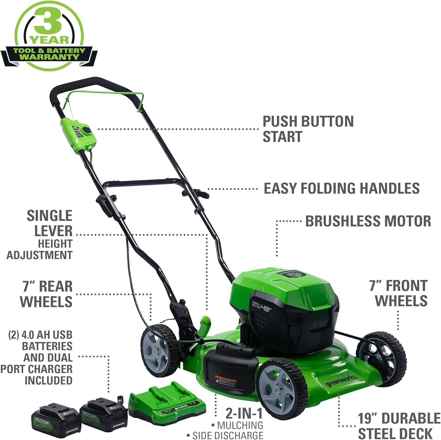 Greenworks 48V 19” BL Lawn Mower, (2) 4.0Ah Batteries and Dual Port Charger Included