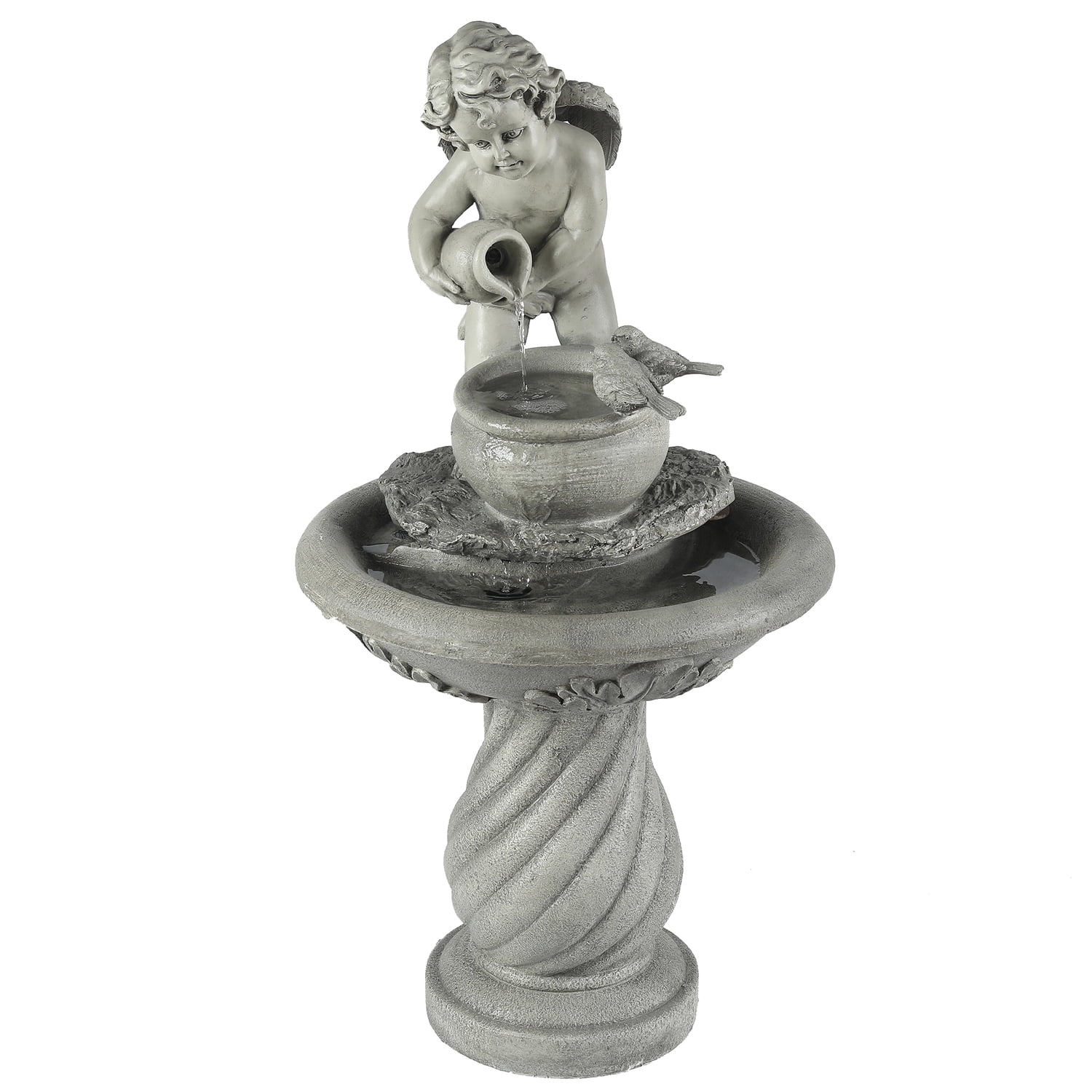 LuxenHome Gray Resin Cherub Birdbath Outdoor Patio Fountain