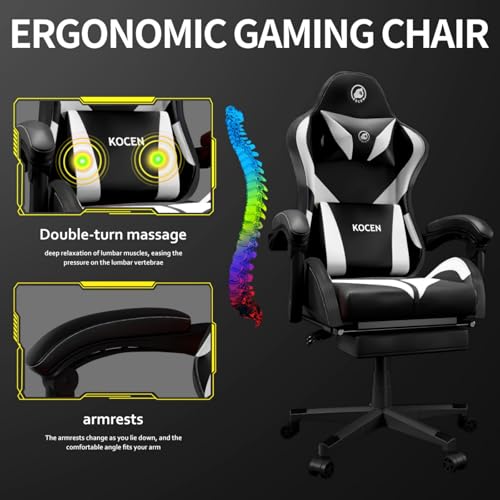 Gaming Chairs for Adults Tall and Kids，Lumbar Support,LED Lights，High Back Reclining Computer Chair with Headrest (Black+Blue)