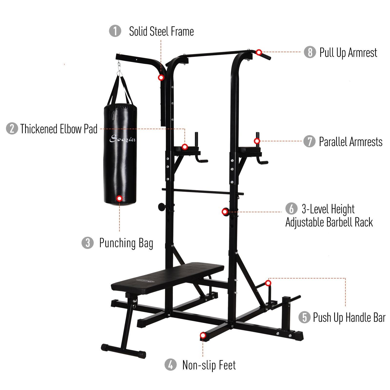 Soozier Home Gym Power Tower with Bench and Punching Bag, Multi-Function Adjustable Dip Sit Up Workout Station Equipment Heavy D
