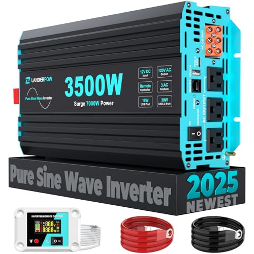 Pure Sine Wave 3500W Power Inverter 12V DC to 120V AC for RV, Truck, Home, Off-Grid, Solar, Inverter with 3 AC Outlet, 30W USB-C, 5V 3.1A USB