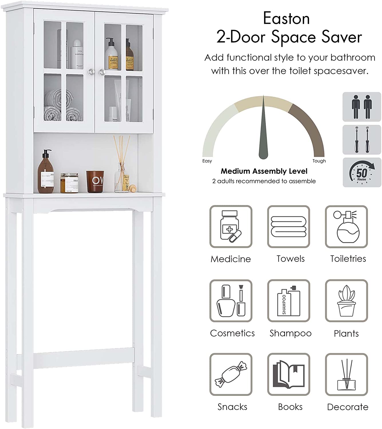 Spirich Home Bathroom Cabinet Over The Toilet, Bathroom Storage Cabinet with Windowpane Glass Doors and Adjustable Shelves