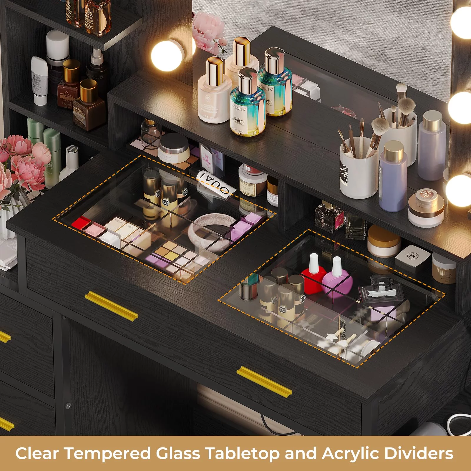 Vanity Desk with Mirror and Lights & Glass Top,Makeup Vanity with Lights & Charging Station,10x Magnifying Mirror